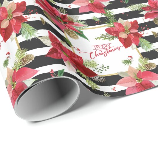 Poinsettien, schwarz gestreiftes Schleifpapier Geschenkpapier (Rolleneckpunkt)