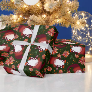 Poinsettien und Gnome auf dunkelgrünem Weihnachten Geschenkpapier