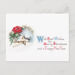 Poinsettien und Haus im Schnee Vintage Weihnachten