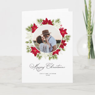 Poinsettienblume und runde Kiefern-Foto Karte