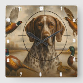 Pointer Bird Hund Jagd Enten Fasane Quadratische Wanduhr (Vorderseite)