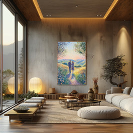 Pointillism Couple Walking at Sunset - Romantik Poster