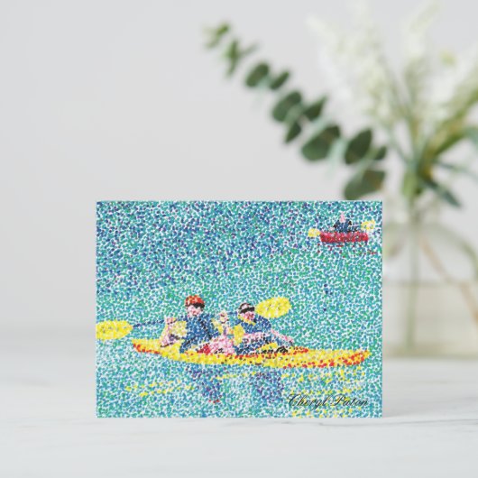 Pointillism Kajakszene am Fluss Postkarte (Stehend Vorderseite)
