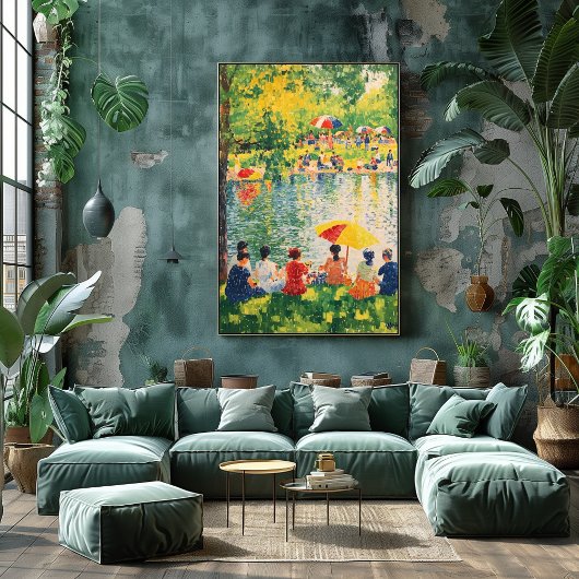 Pointillism Park Szene mit lebhaften Sommerfarben Poster