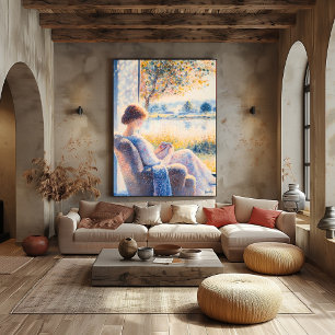 Pointillismus Frau am Fenster mit sonnigem Ausblic Poster