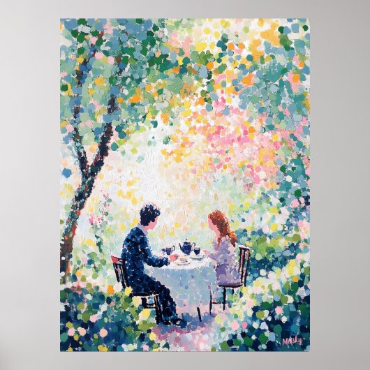 Pointillismus Paar zum Tee im Freien Poster (Vorne)
