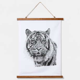 Pointillismus-Tigerkopf Schwarz-Weiß-Wildtierkunst Wandteppich Mit Holzrahmen