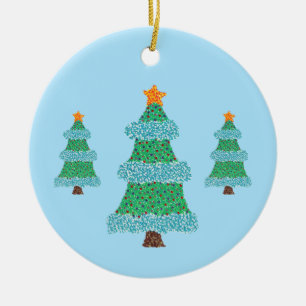 Pointillismus-Weihnachtsbäume auf Blau, Ornamente