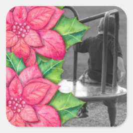 Pointsettia Weihnachtsaufkleber für Fotos Quadratischer Aufkleber