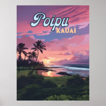 Poipu Kauai Hawaii Beach Palm Trees Retro