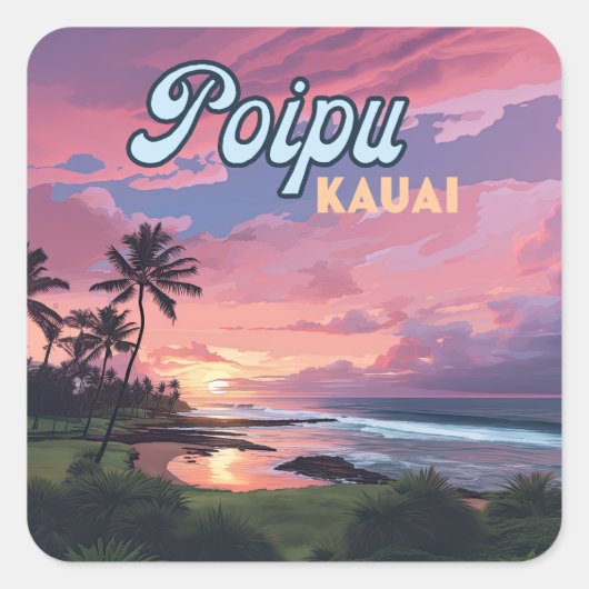 Poipu Kauai Hawaii Beach Palm Trees Retro Quadratischer Aufkleber (Vorderseite)