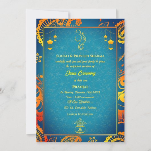 Poite Janeu Upanayanam Hindu Holy Thread Aquamarin Einladung (Vorderseite)