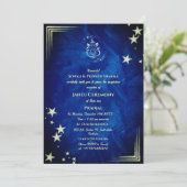 Poite Janeu Upanayanam Hindu Holy Thread Blue Gold Einladung (Stehend Vorderseite)