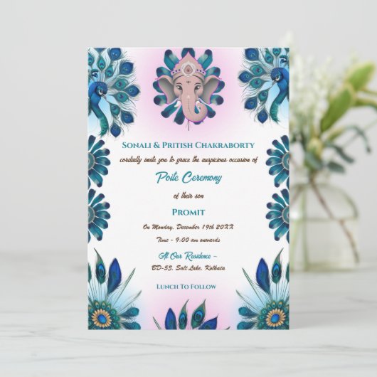 Poite Janeu Upanayanam Hindu Holy Thread Peacock Einladung (Stehend Vorderseite)