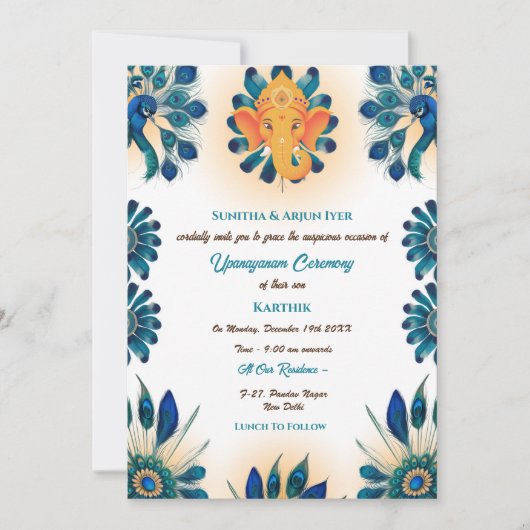 Poite Janeu Upanayanam Hindu Holy Thread Peacock Einladung (Vorderseite)