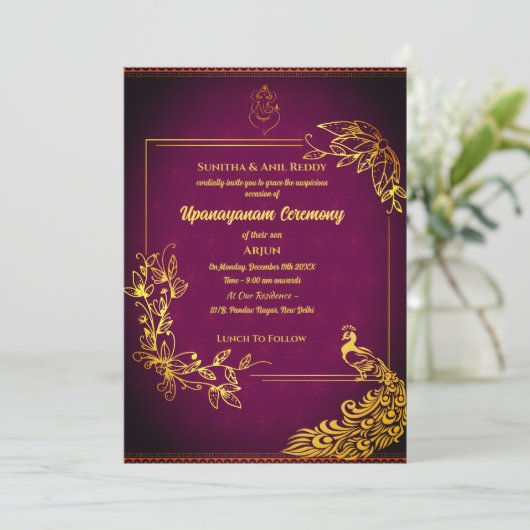 Poite Upanayanam Holy Thread Janeu Hindu Zeremonie Einladung (Stehend Vorderseite)
