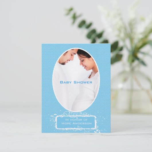 Poka Dots Blue Foto Baby Boy Shower Ankündigung (Stehend Vorderseite)