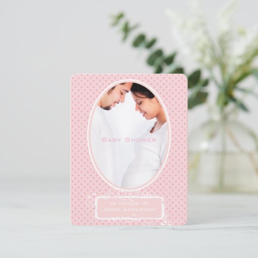 Poka Dots Pink Foto Baby Girl Dusche Ankündigung (Stehend Vorderseite)