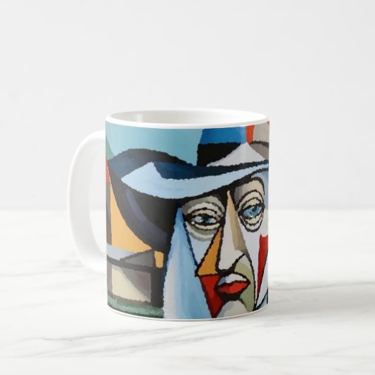 Pokal mit kubistischem Männchen-Portrait des Künst Kaffeetasse (Vorderseite Links)