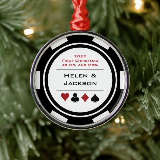 Poker Chip First Christmas Mr & Mrs Black White Ornament Aus Metall (Baum)