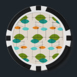 Poker-Chips für das hintere Atommobil Pokerchips<br><div class="desc">Diese Retro Atomic Mobile Pattern Poker Chips sind im modernen Stil der Mitte des Jahrhunderts in seiner besten Form. Das Vintag inspirierte Design ist cremefarben mit spitzen Ovalen in Türkis, Orange, aquamarin und Avocado grün. Die aquamarinen und Avocado grünen Ovale überlappen sich und schaffen einen schönen Schatten Pfauenblau. Spaß Sternexplosionen...</div>