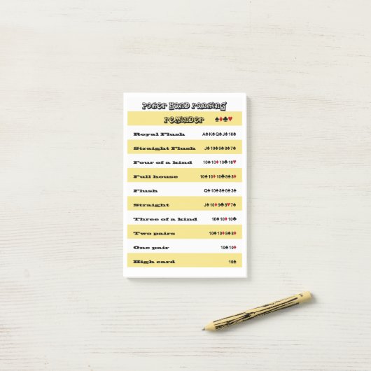 Poker Hand Ranking Erinnerung mit gelben Streifen Post-it Klebezettel (Auf Schreibtisch)