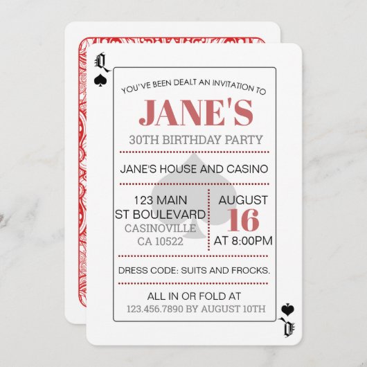 Poker Queen of Spades Einladung (Vorne/Hinten)