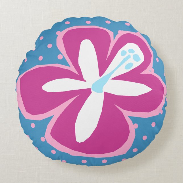 Pokii Hawaiian Aloha Hibiskus Polka Dot Reversible Rundes Kissen (Vorderseite)