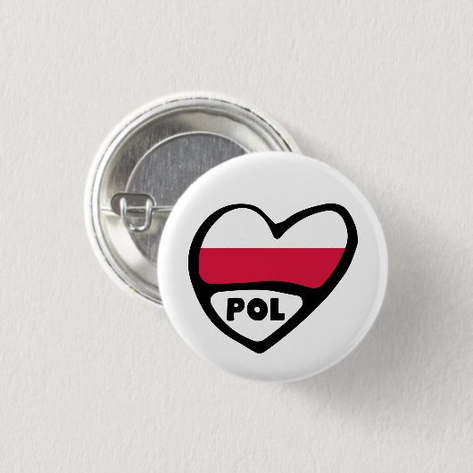 Poland Country Code Flag Heart Pin Badge, POL Button (Vorne & Hinten)