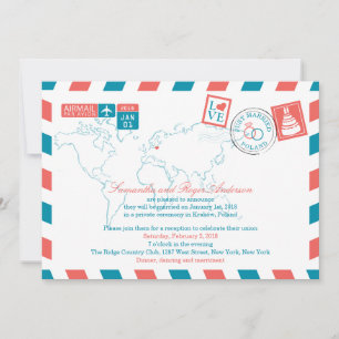 POLAND Korallenrot und Türkis Airmail Post Hochzei Einladung
