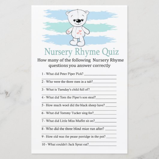 Polar Bär Kinderzimmer Rhyme Quiz Babydusche (Vorderseite)