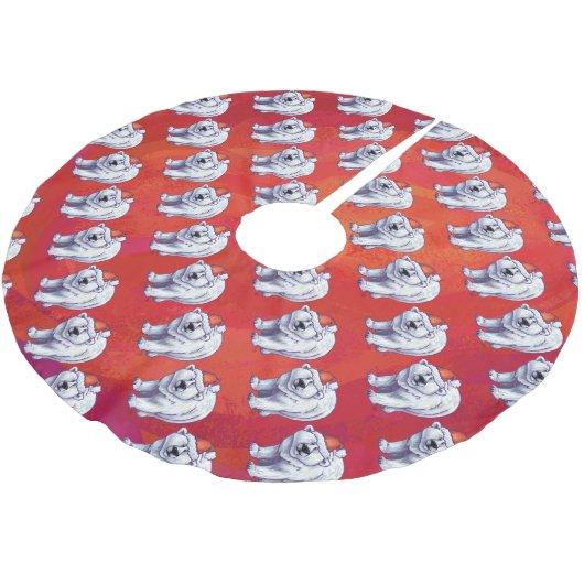 Polar Bären Weihnachten auf Rot Polyester Weihnachtsbaumdecke (Schrägansicht)