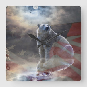 Polar Bear American Flag Quadratische Wanduhr