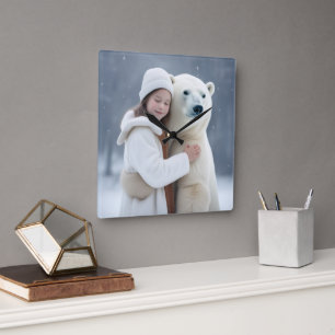 Polar Bear and Girl Hug Quadratische Wanduhr