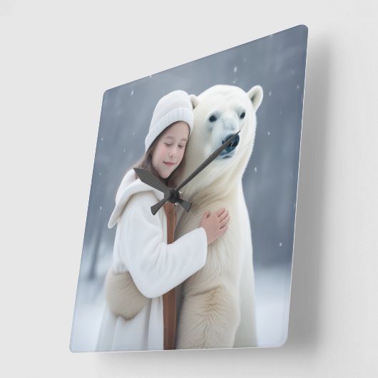 Polar Bear and Girl Hug Quadratische Wanduhr (Winkel)