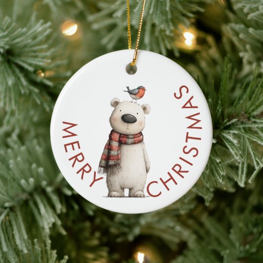 Polar Bear and Robin Merry Christmas Keramik Ornament (Baum)