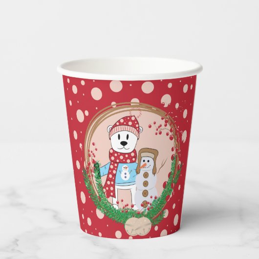 Polar Bear and Snowman Red and Pink Christmas Pappbecher (Rückseite)