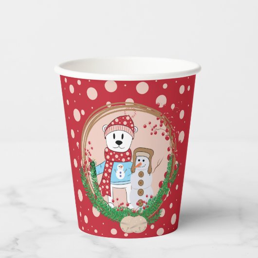 Polar Bear and Snowman Red and Pink Christmas Pappbecher (Vorderseite)
