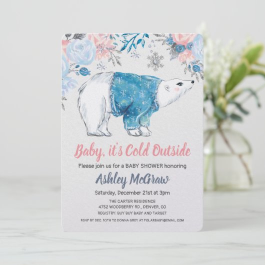 Polar Bear Baby Dusche Blumenladen Einladung (Stehend Vorderseite)