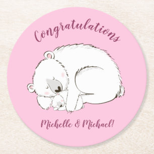 Polar Bear Baby Dusche Pink Girl Runder Pappuntersetzer