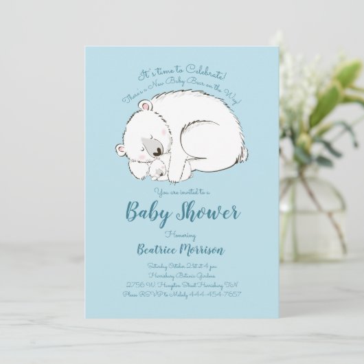 Polar Bear Baby Dusche Woodland Winter Boy Blue Einladung (Stehend Vorderseite)