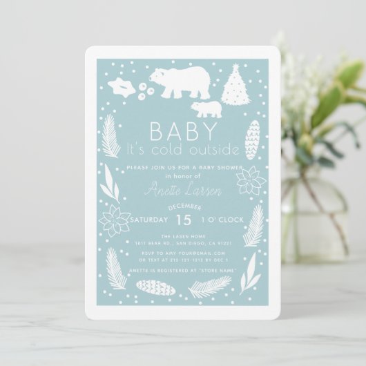 Polar Bear Baby It's Cold Outside Blue Baby Shower Einladung (Stehend Vorderseite)