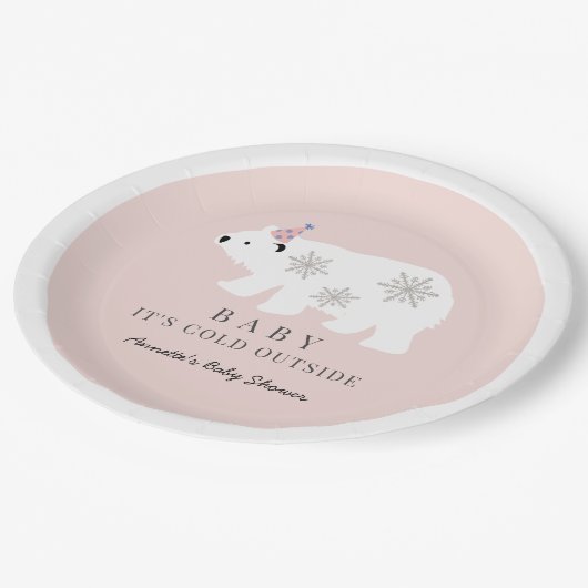 Polar Bear Baby It's Cold Outside Pink Baby Shower Pappteller (Schrägansicht)