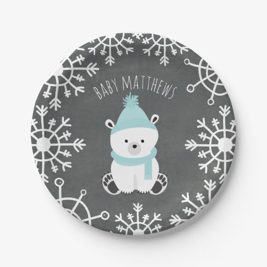 Polar Bear Boy Winter Baby Dusche Pappteller (Vorderseite)