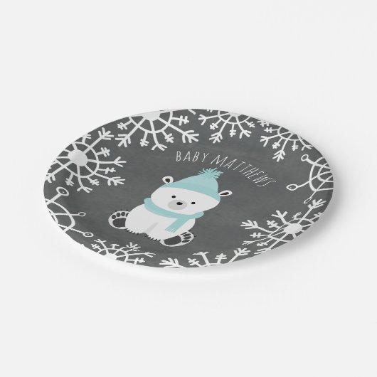 Polar Bear Boy Winter Baby Dusche Pappteller (Schrägansicht)