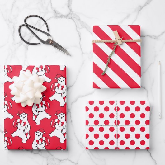 Polar Bear Candy Cane Wrapping Paper Set 3 Geschenkpapier Set (Vorderseite)