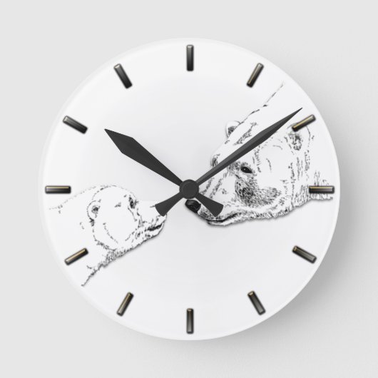 Polar Bear Clock Mother & Cub Bären Art Clock Runde Wanduhr (Vorderseite)
