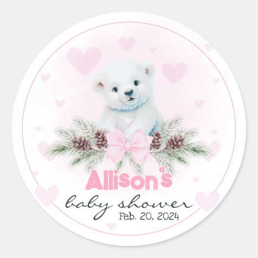 Polar Bear Cub Girl Pink Hearts Winter Baby Dusche Runder Aufkleber (Vorderseite)