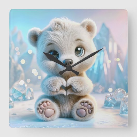 Polar Bear Cub Quadratische Wanduhr (Vorderseite)