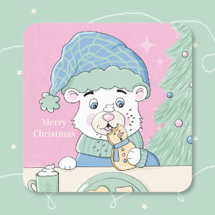 Polar Bear Cub Square Pink Weihnachtsaufkleber Quadratischer Aufkleber